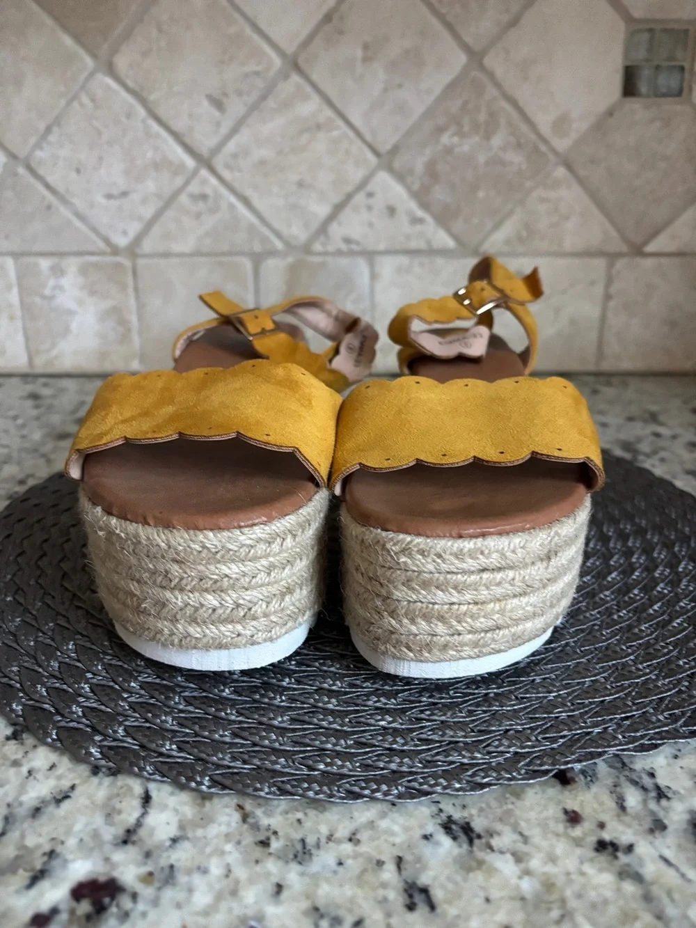 AMS Emma Mustard Yellow Platform Scallop Edged Espadrille Wedge Sandals.